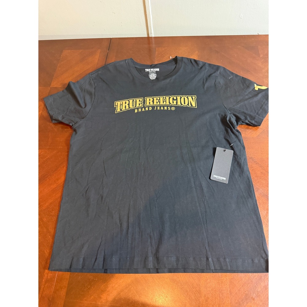True Religion Mens Graphic T-Shirt Black Gold Logo Short Sleeve 2XL